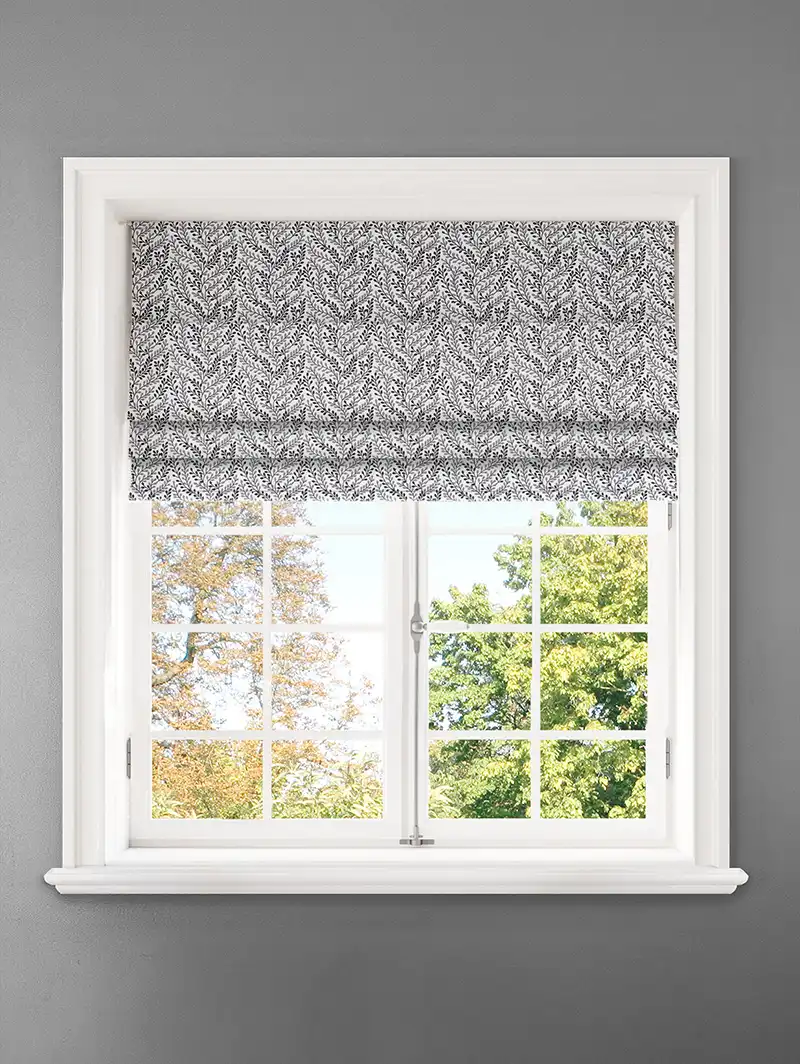 Embroidered Buds Charcoal Leaf Pattern Roman Blind