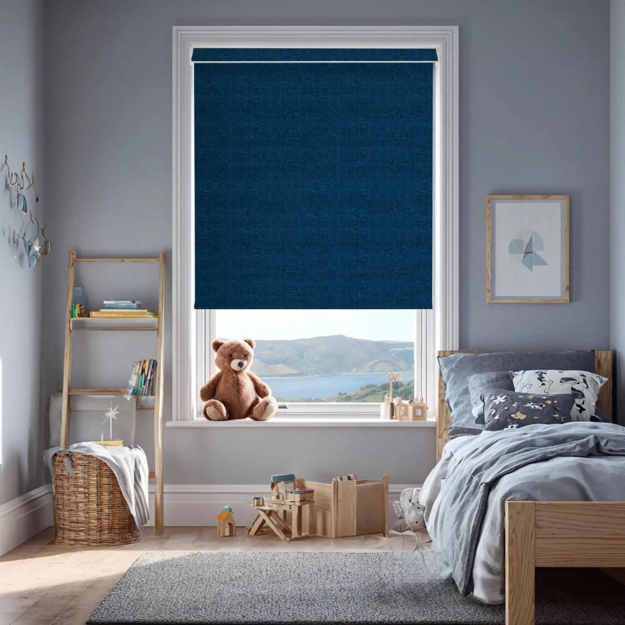 Linen Navy Blue Blackout Electric Roller Blind