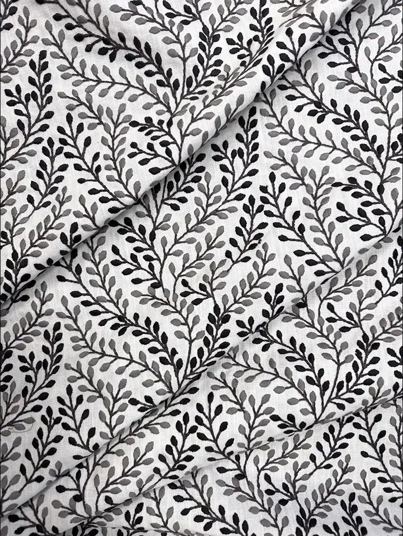 Embroidered Buds Charcoal Leaf Pattern Roman Blind
