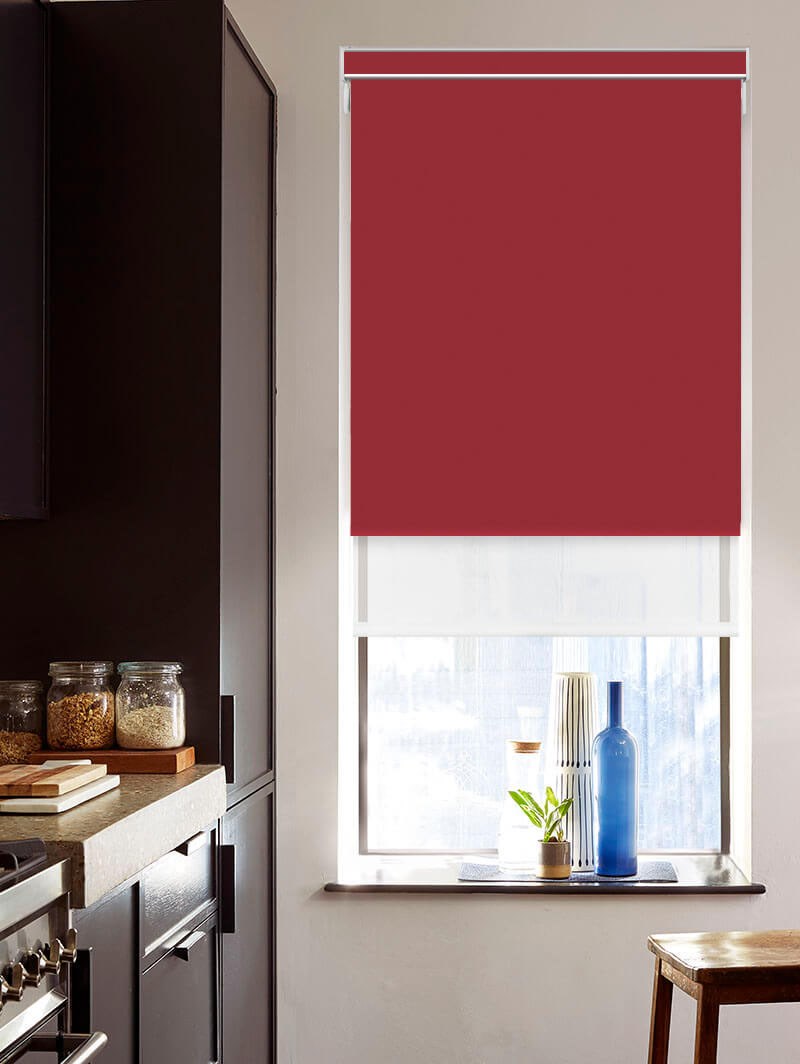 Blackout Garnet Red and Sheer White Electric Double Roller Blind