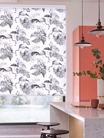 Tropical Flamingo Black & White Floral Roller Blind Tropical Flamingo Black & White Floral Roller Blind