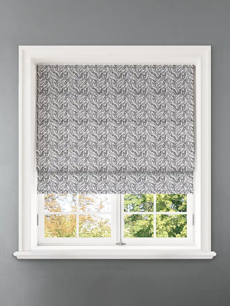 Embroidered Buds Charcoal Leaf Pattern Roman Blind