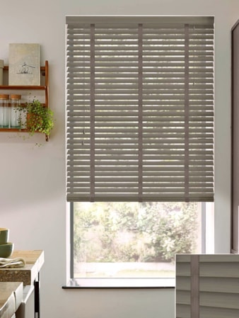 Monsoon 50mm Woodgrain Faux Wood Venetian Blind With Gunmetal Tapes Monsoon 50mm Woodgrain Faux Wood Venetian Blind With Gunmetal Tapes