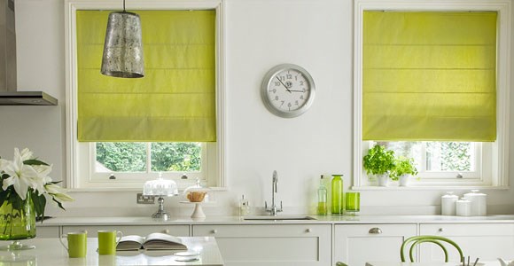 Fresh and fashionable green roman blinds in a variety of textures, handmade in our Midlands factory