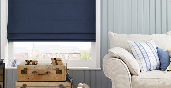 A calming collection of blue and navy roman blinds, handmade in a variety of textures and styles