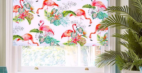 A beautiful collection of roller blinds with tropical motifs such as flamingos, palms and plants