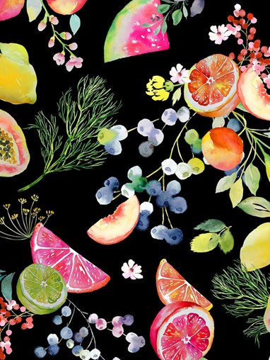 Tutti Frutti Black Floral Fruit Print Roller Blind