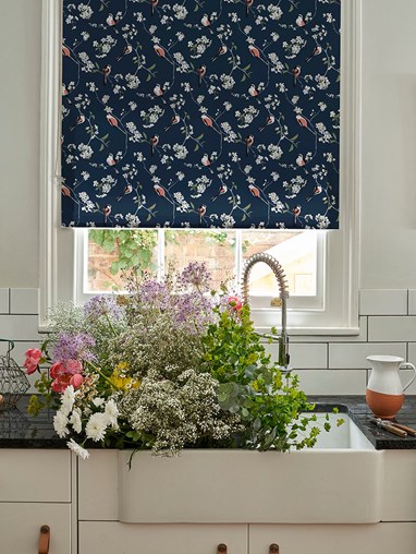 Blossom & Bird Navy Roller Blind by Lorna Syson