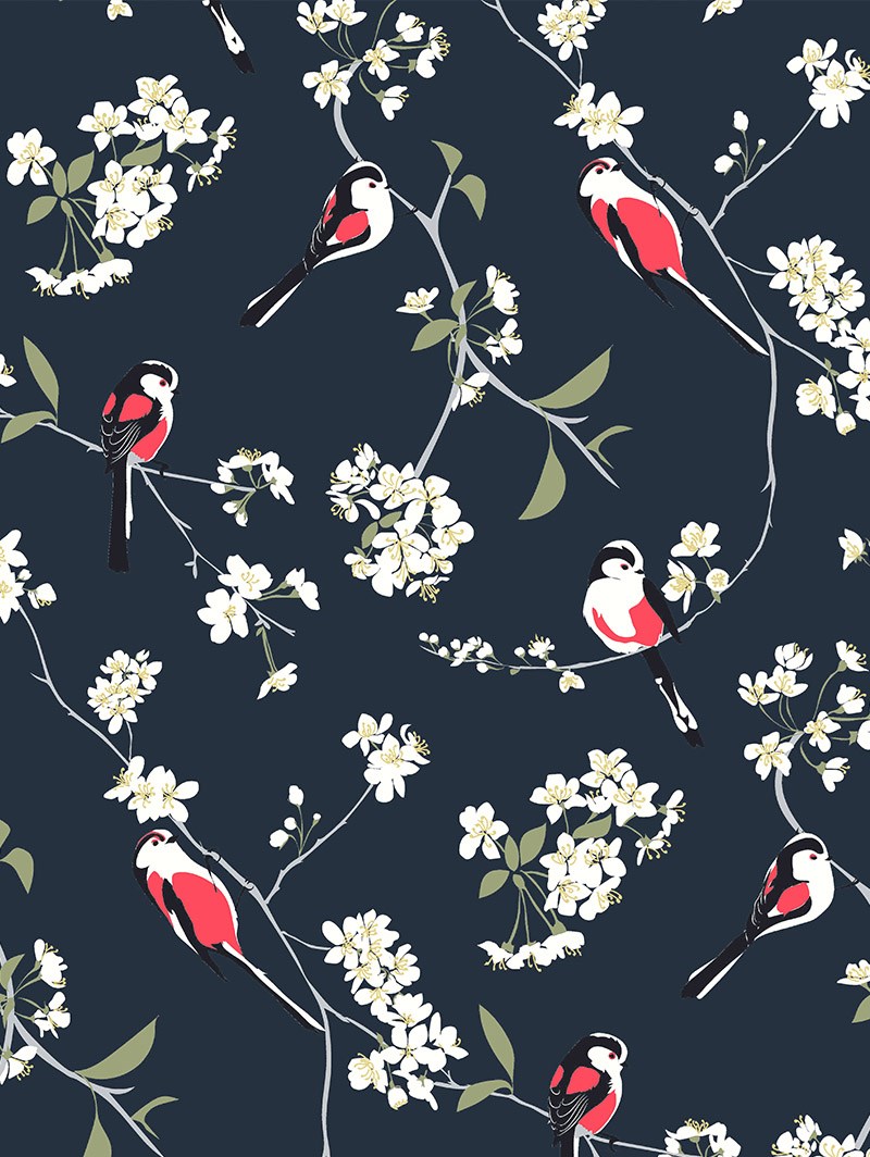 Blossom & Bird Navy Roller Blind by Lorna Syson