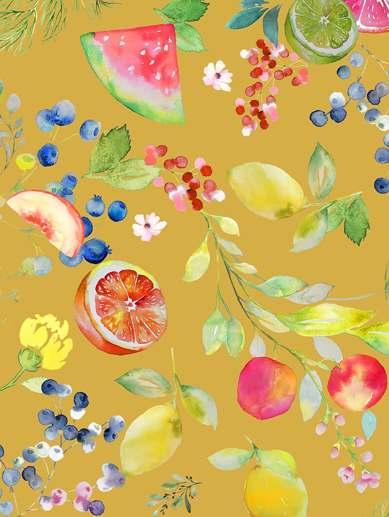 Tutti Frutti Mustard Floral Fruit Print Roller Blind