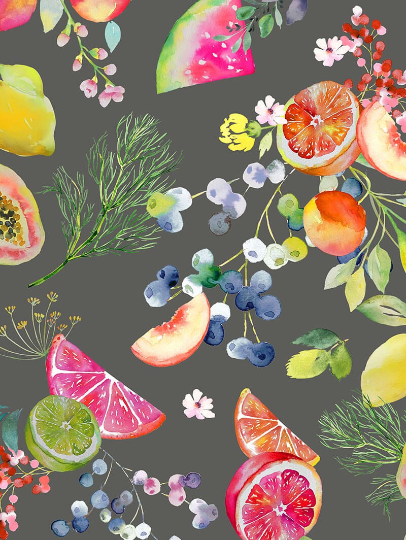 Tutti Frutti Slate Grey Floral Fruit Print Roller Blind