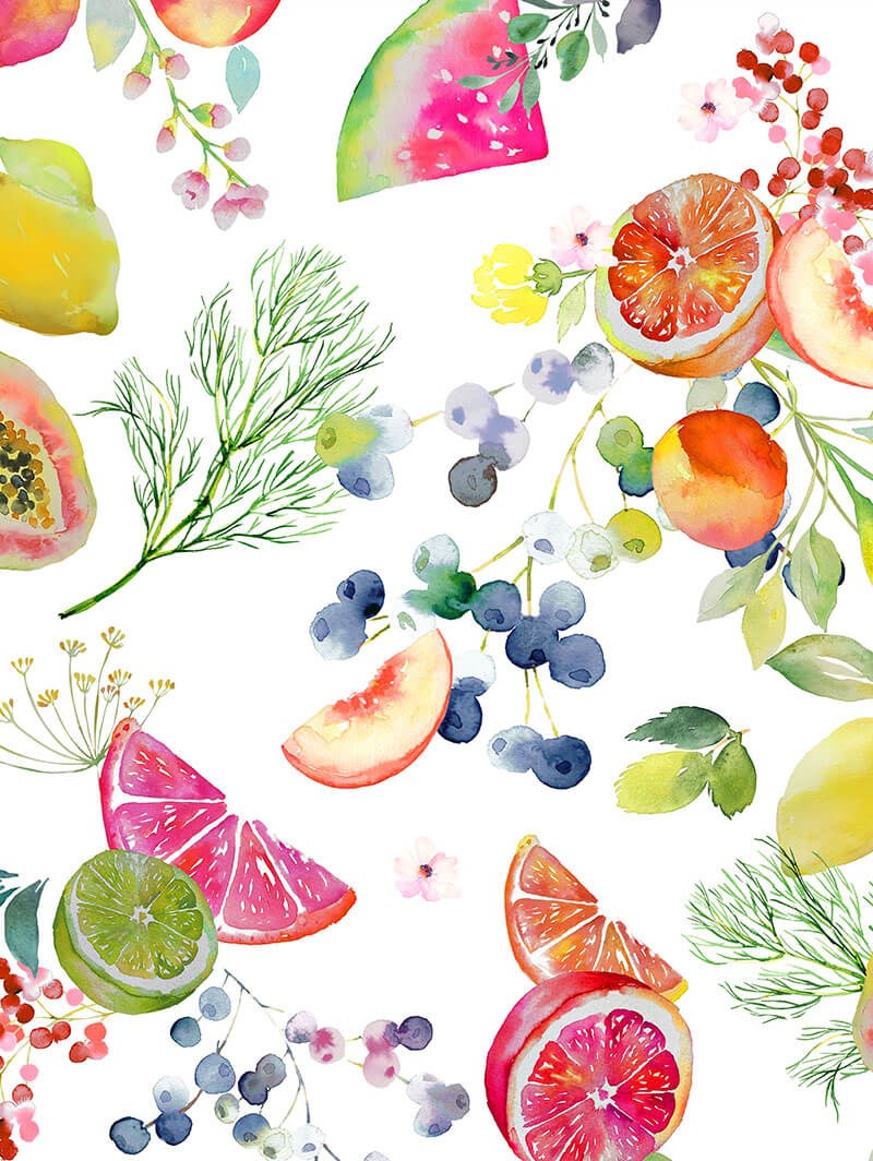 Tutti Frutti White Floral Fruit Print Roller Blind