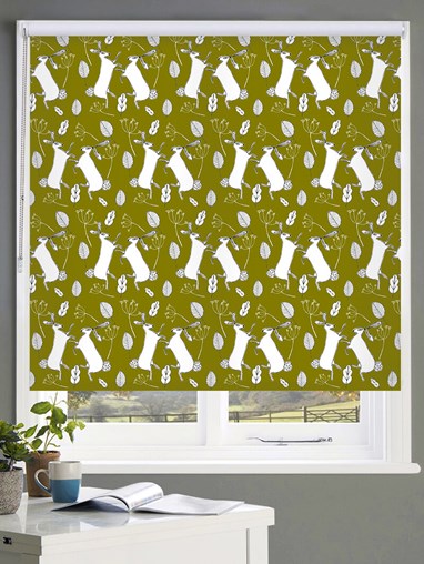Boxing Hares on Moss Roller Blind by Amanda Redwin