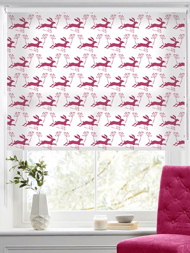 Leaping Hare in Raspberry Jam Roller Blind by Amanda Redwin