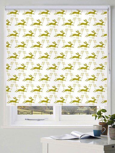 Leaping Hare in Pear Roller Blind by Amanda Redwin