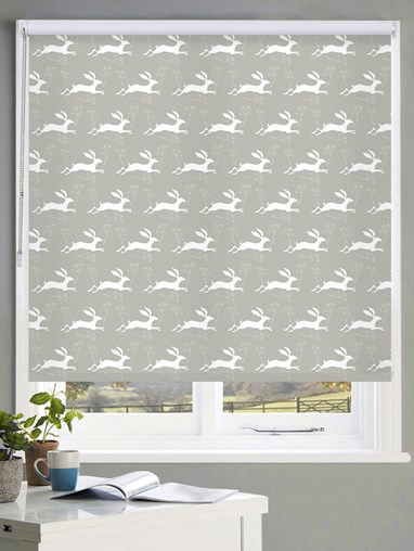 Leaping Hare on Flint Roller Blind by Amanda Redwin
