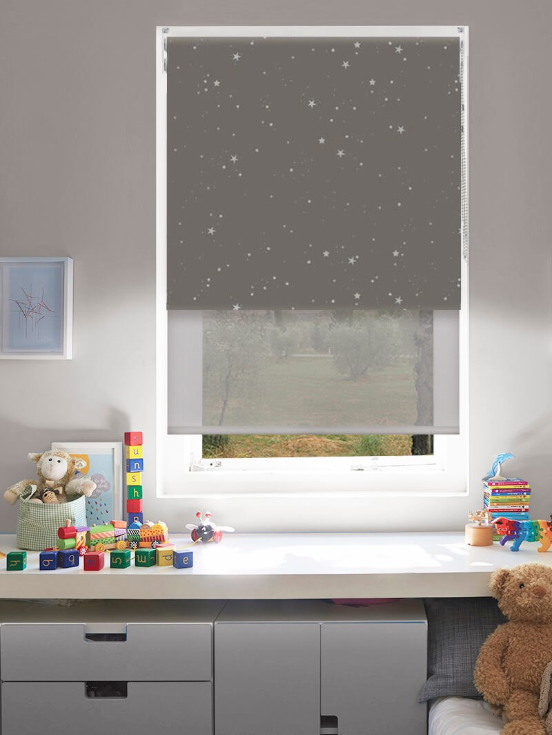 Blackout Silver Stars and Sheer Metal Double Roller Blind