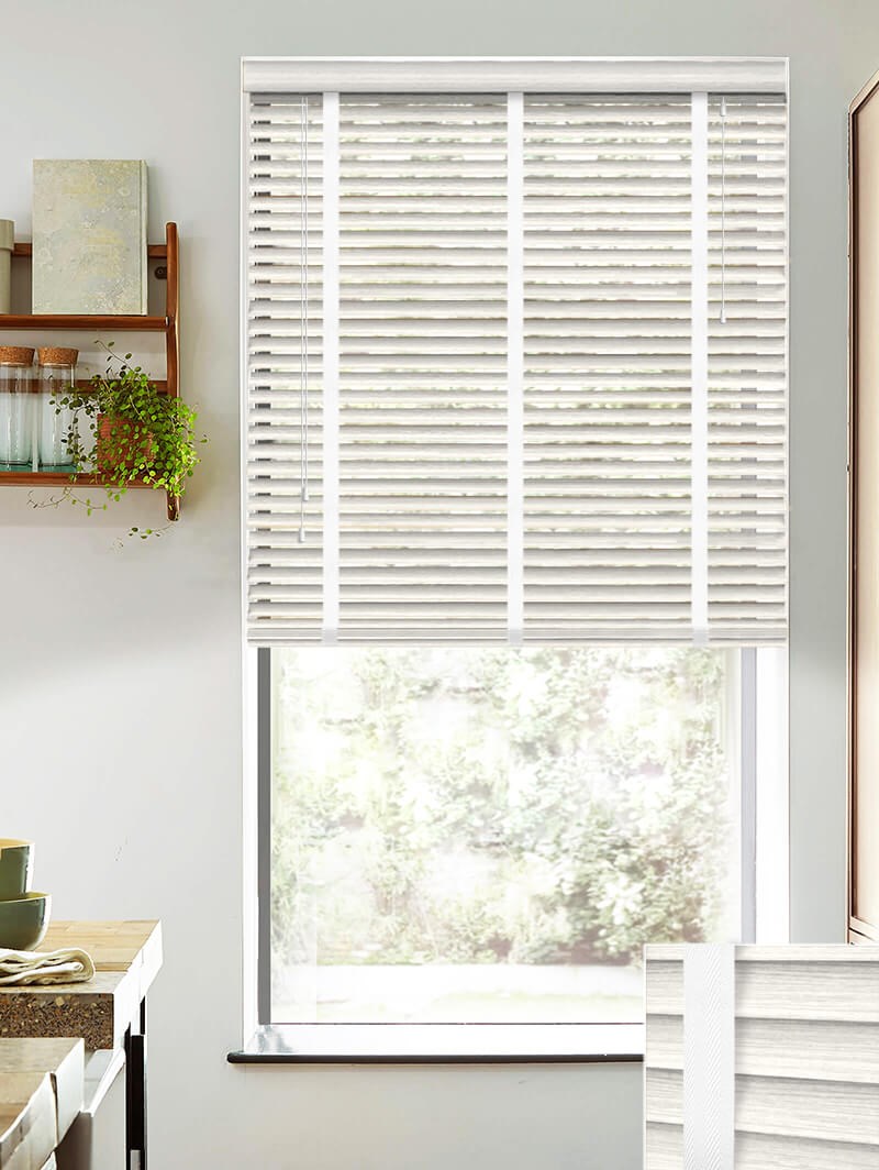 Glacier Grey Faux Wood Venetian Blind With White Tapes