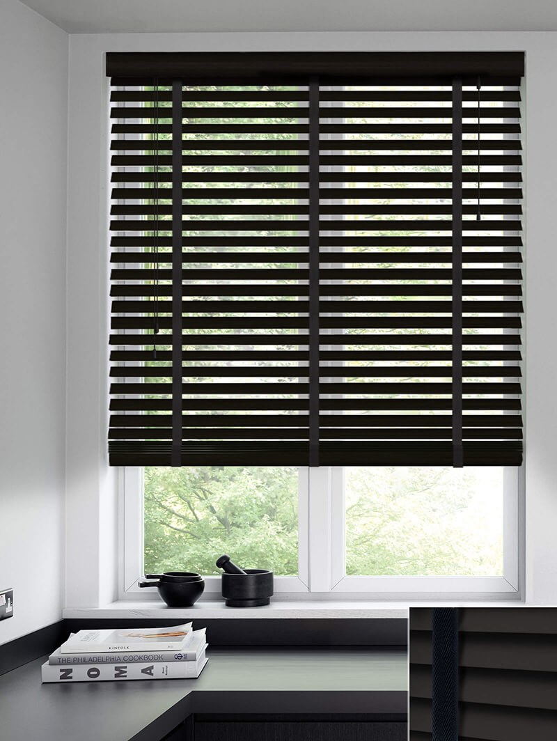 Caviar Black Real Wood Venetian Blind With Tapes